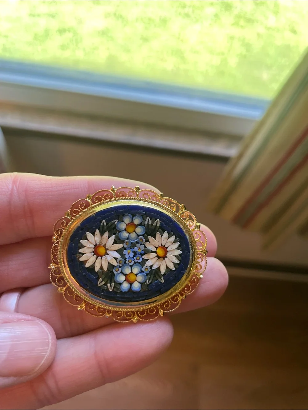 Micro Mosaic Floral Oval Brooch - Blue and Gold